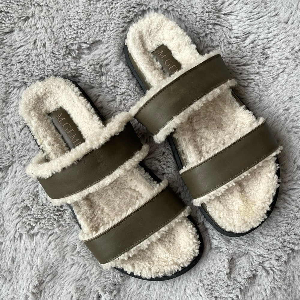 M. Gemi  Olive Green Leather‎ Shearling Slide Sandals